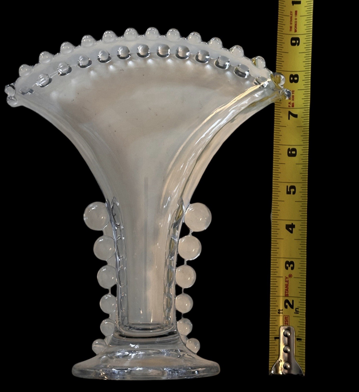 Imperial Candlewick Clear Glass Fan Shaped Beaded Vase W/ Graduated Bubbles 9”