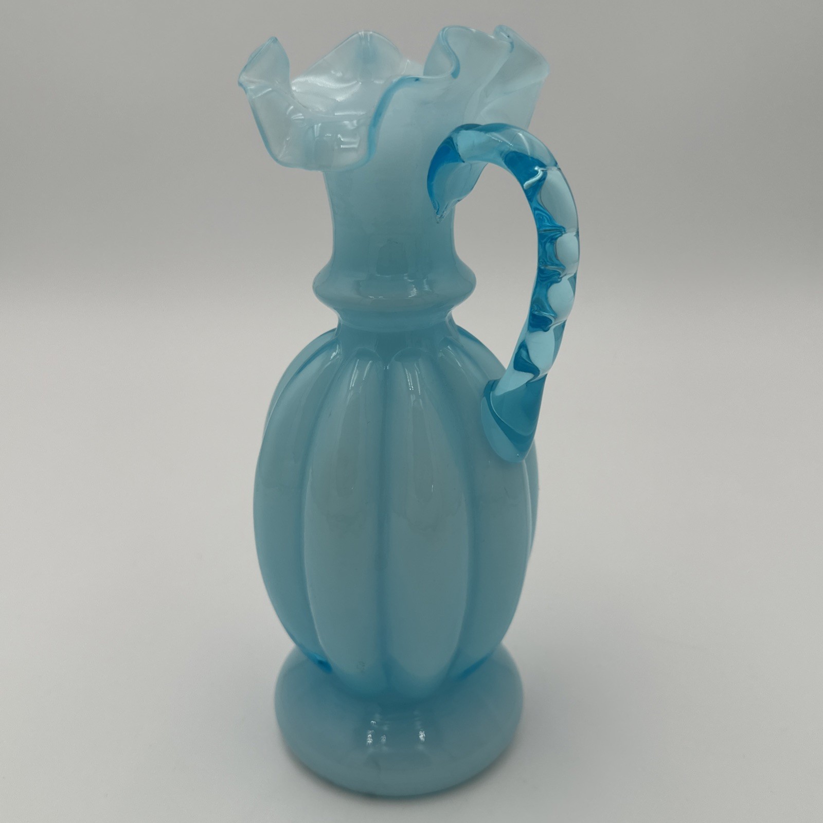 Vintage 8” Fenton Blue Overlay Melon Pitcher Ewer Ruffled Rim Blue Handle MCM Vintage 8” Fenton Blue Overlay Melon Pitcher Ewer Ruffled Rim Blue Handle MCM