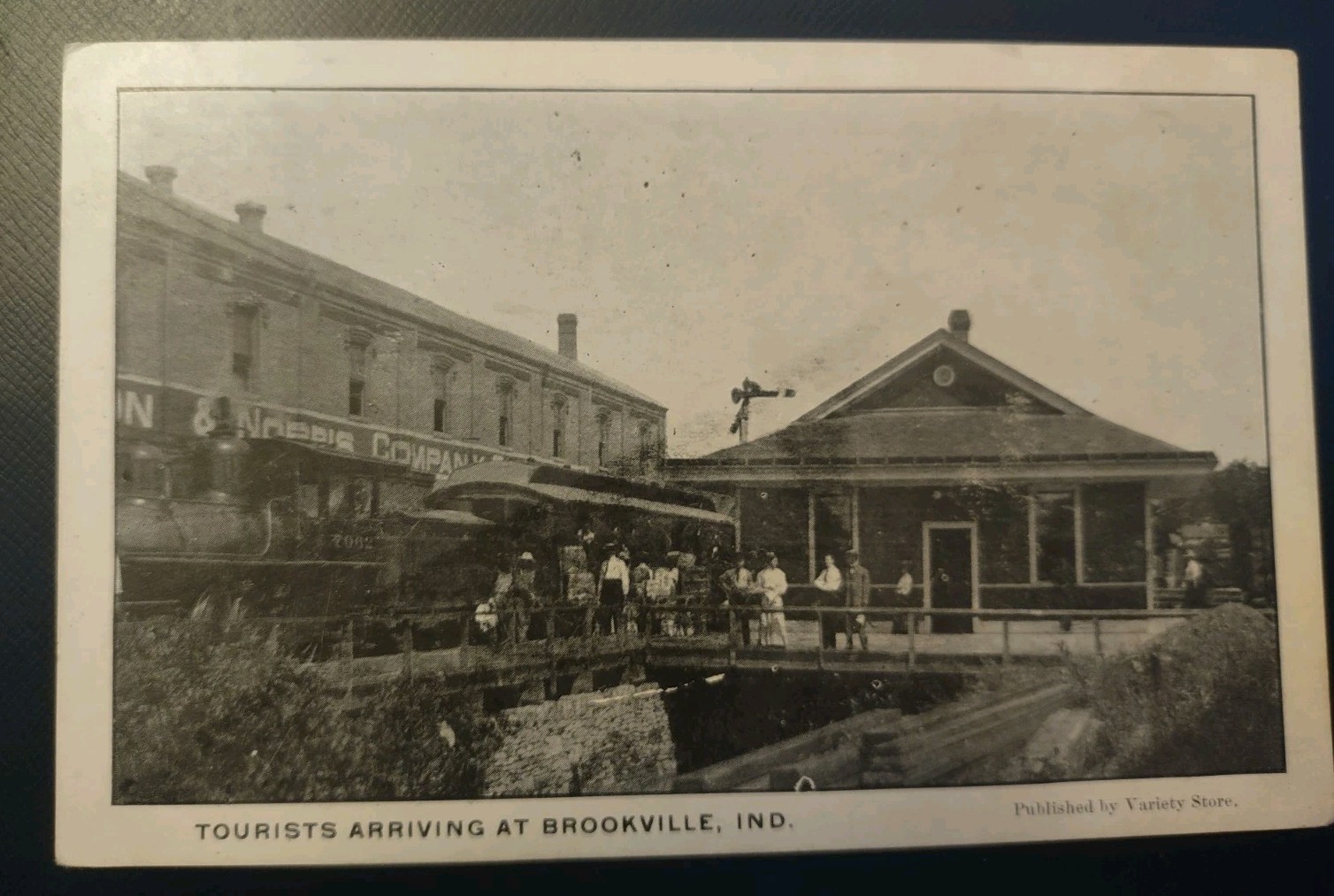 1908 Tourists Arriving Brookville Indiana Postcard IN Railroad Depot Train 