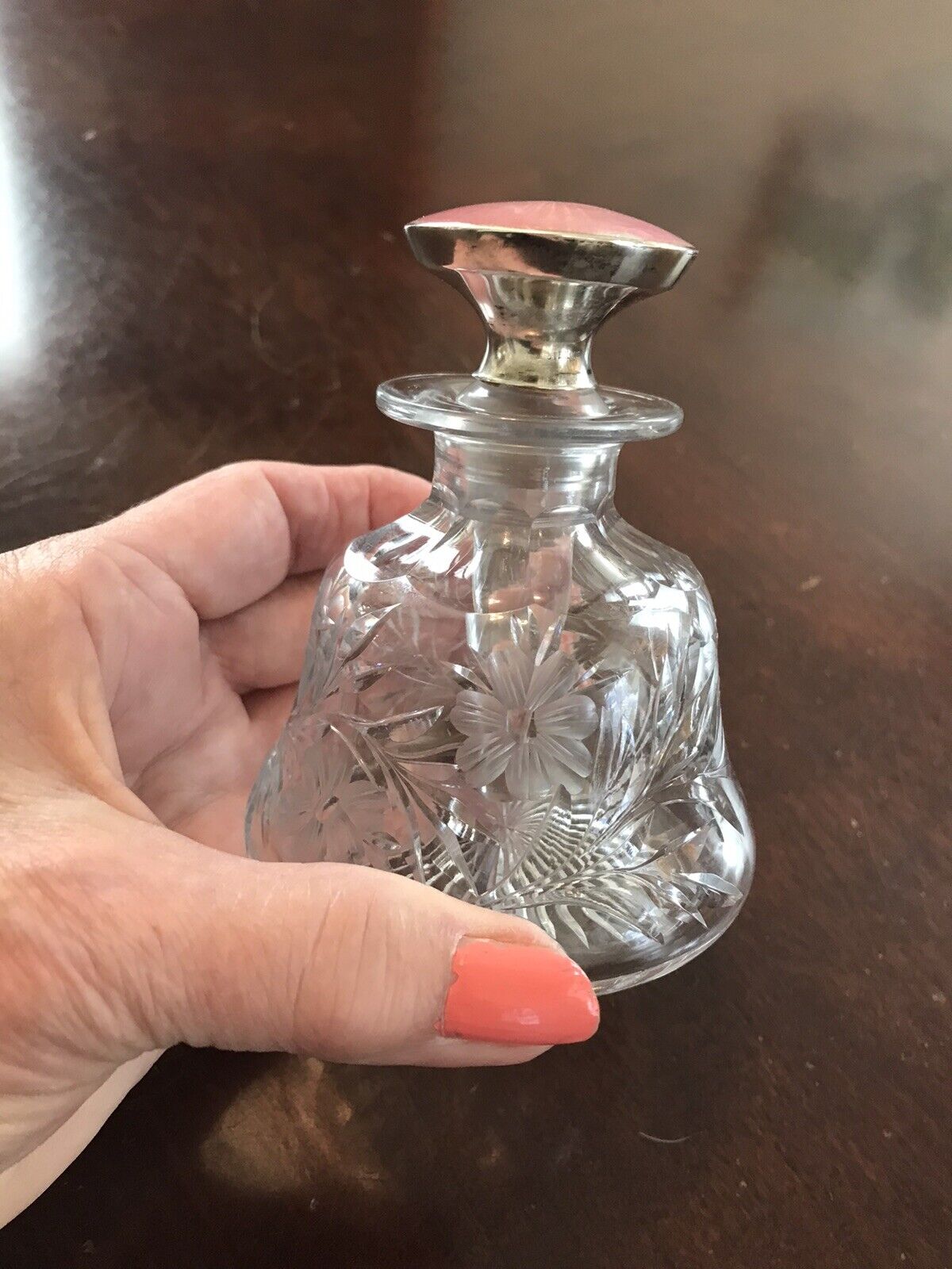 Antique Cut Glass Perfume Bottle Sterling Silver Guillicoch Enameled Stopper