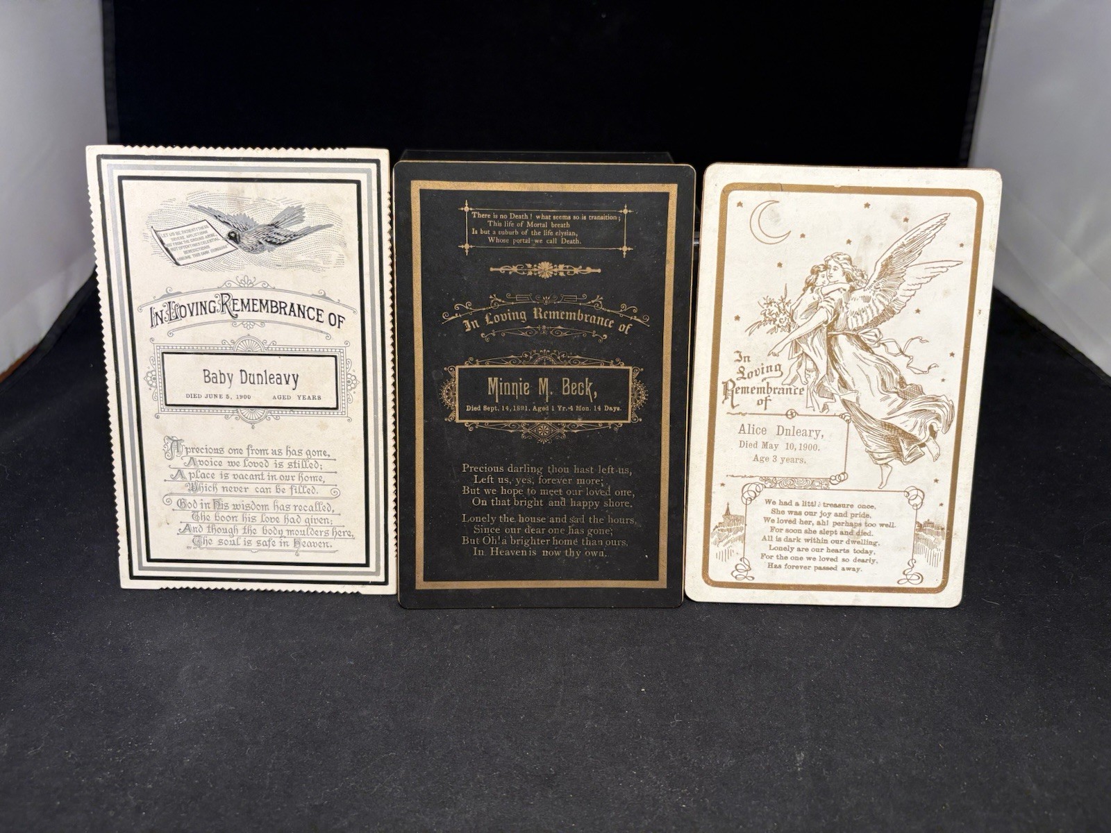3 Antique Infant Memorial Cabinet Card In Loving Remembrance 1891, 1900 Funeral