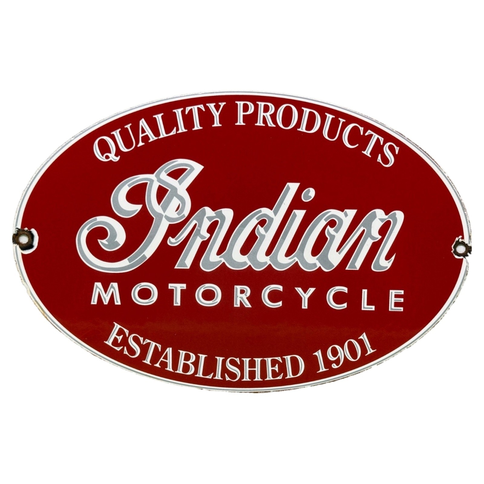 VINTAGE INDIAN MOTORCYCLE PORCELAIN SIGN OVAL DEALER QUALITY PRODUCTS EST 1901 VINTAGE INDIAN MOTORCYCLE PORCELAIN SIGN OVAL DEALER QUALITY PRODUCTS EST 1901