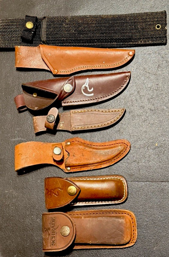 Schrade Browning Lot 7 piece. Leather & Nylon Belt Loop Knife Sheaths