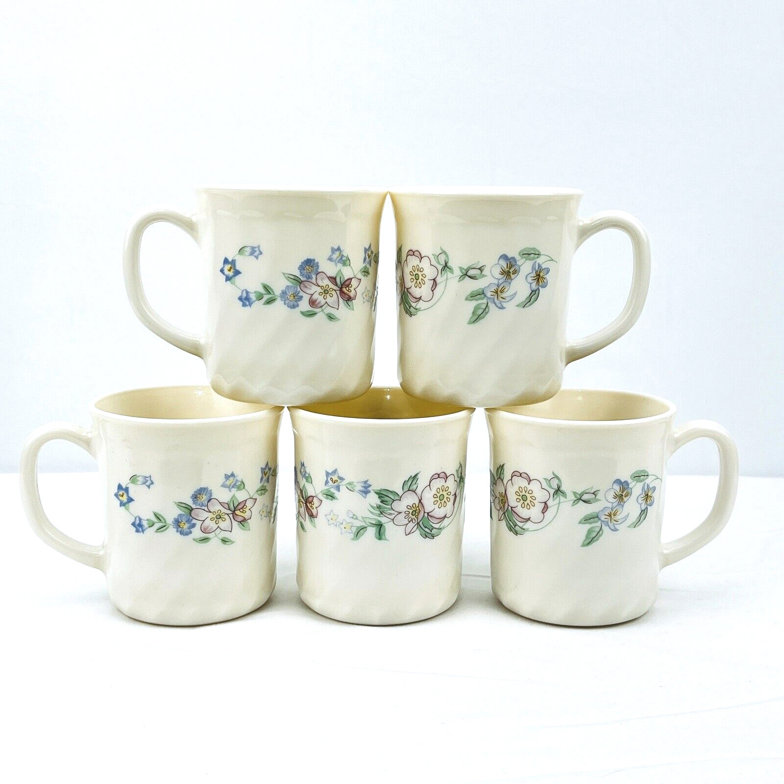 5x Set Arcopal Champetre France Floral Swirl Milk Glass Coffee Cups Mugs 8 Oz