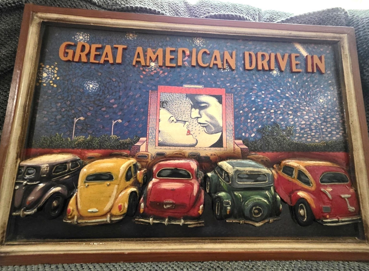 Vintage 3D Great American Drive In movie WOOD AND METAL CARS WALL ART