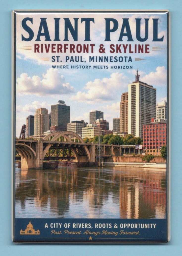 ST PAUL MINNESOTA RIVERFRONT SKYLINE TRAVEL POSTER *2X3 FRIDGE MAGNET* SOUVENIR