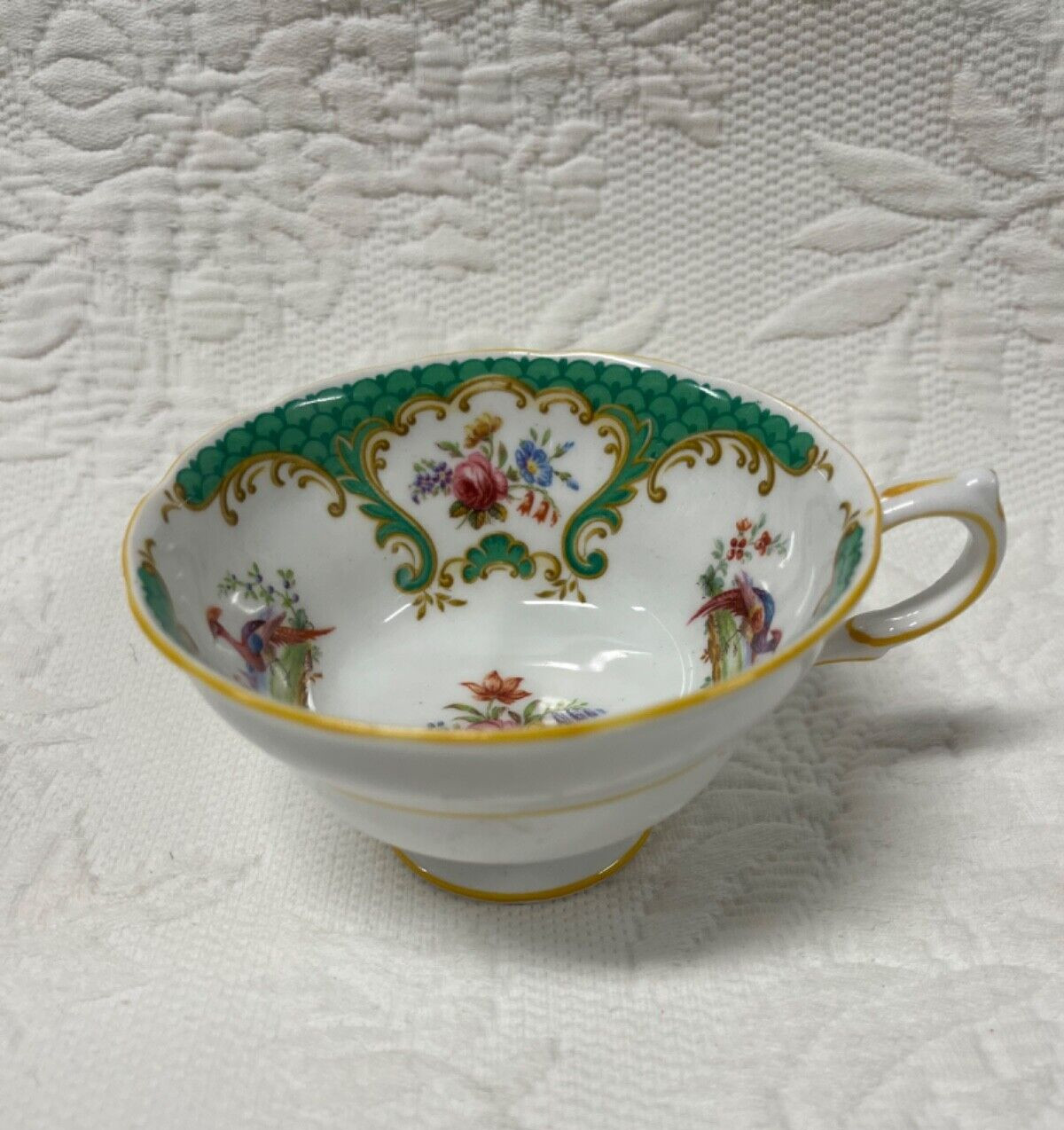 Vintage 1930\'s Grosvenor China Rutland Green Teacup w/birds & flowers BEAUTIFUL