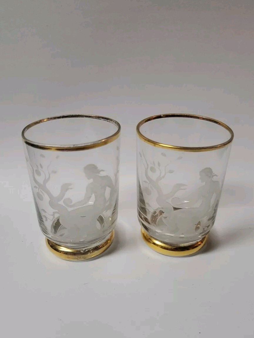 Antique Eve Apple And Serpent Shot Glasses Gold Painted Rare Vintage Etched 