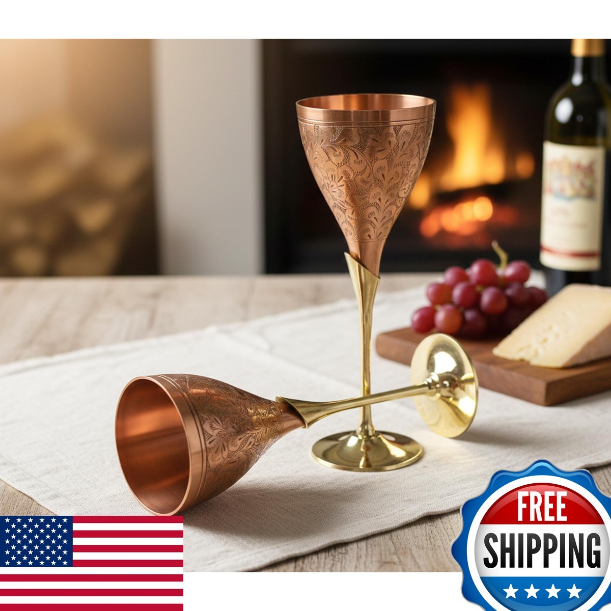 StonKraft Engraved Brass Goblets Champagne Glasses Flutes Coupes Wine Glass Set