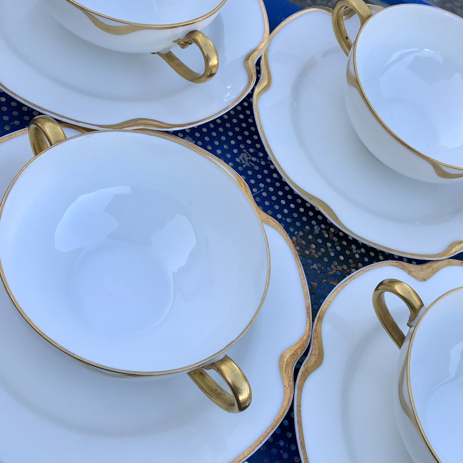 Set of 4 Antique Haviland Limoges Silver Anniversary Cream Soup Bowls Saucers