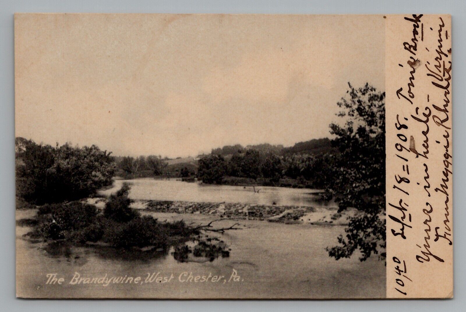 Postcard Brandywine River West Chester PA Toms Brook Virginia Cancel 1908