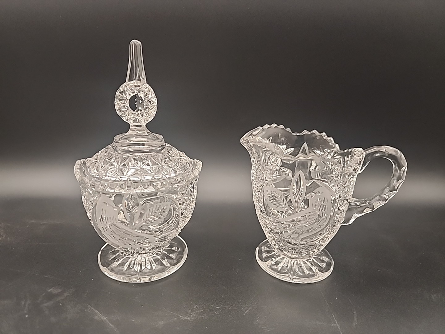 Vintage Hoffbauer Crystal Byrdes Bird Covered SUGAR & CREAMER Set Beautiful