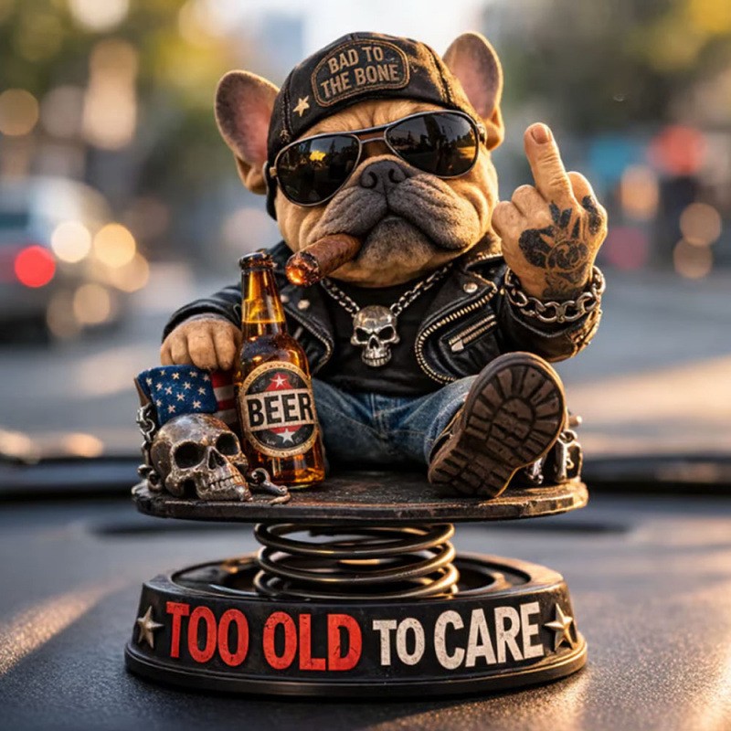 Biker Bulldog Car Ornament Cool French Bulldog Dashboard Shaking Figurine