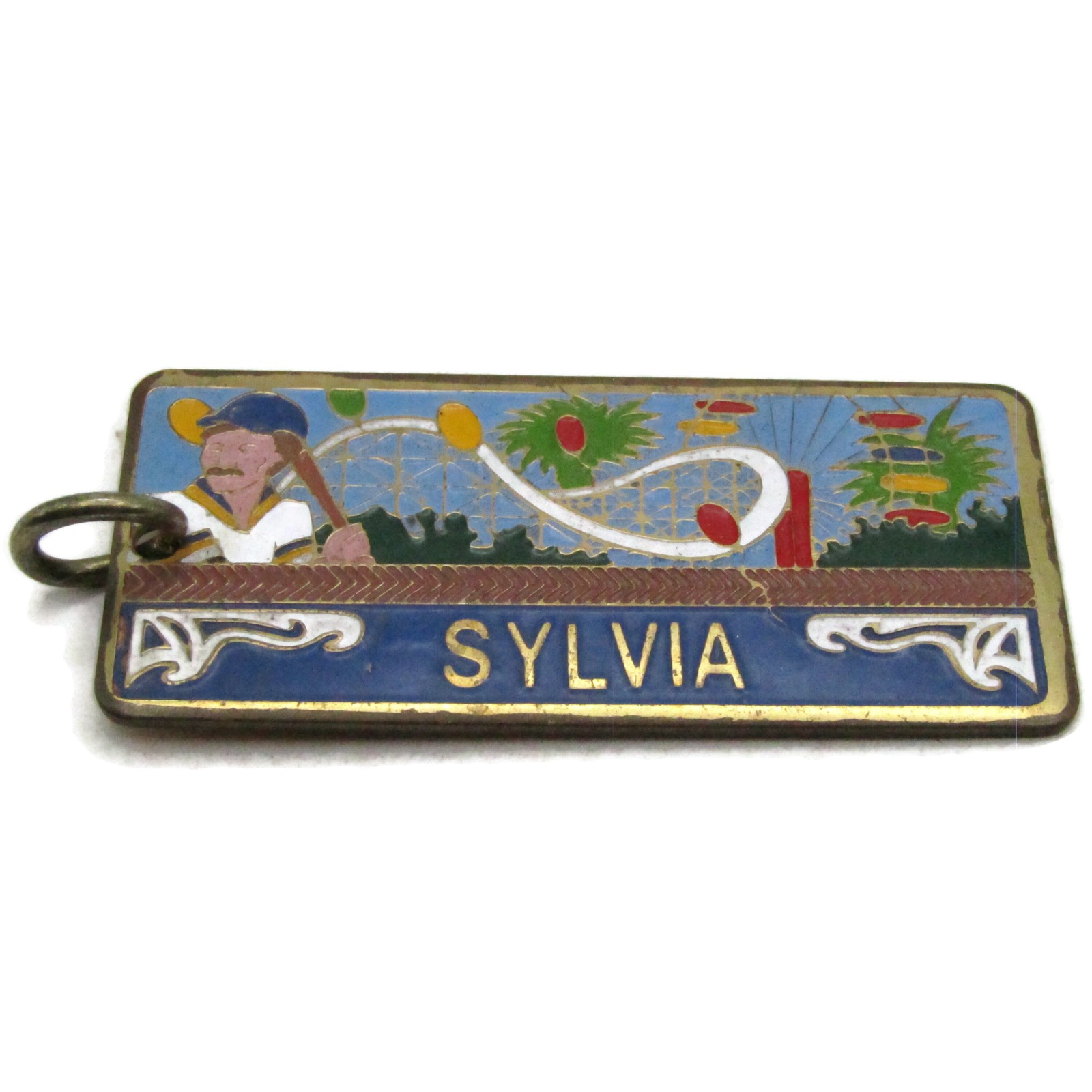 Vintage Sylvia Personalized Enamel Charm Amusement Park Baseball Souvenir