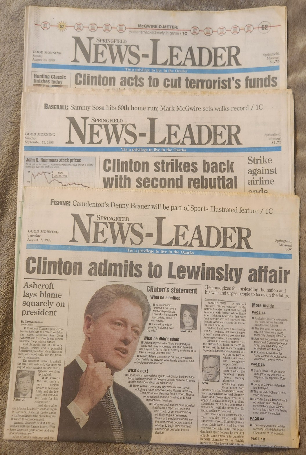 Springfield News-Leader Newspapers 1998 Clinton Lewinsky Sosa McGwire Lot 1998