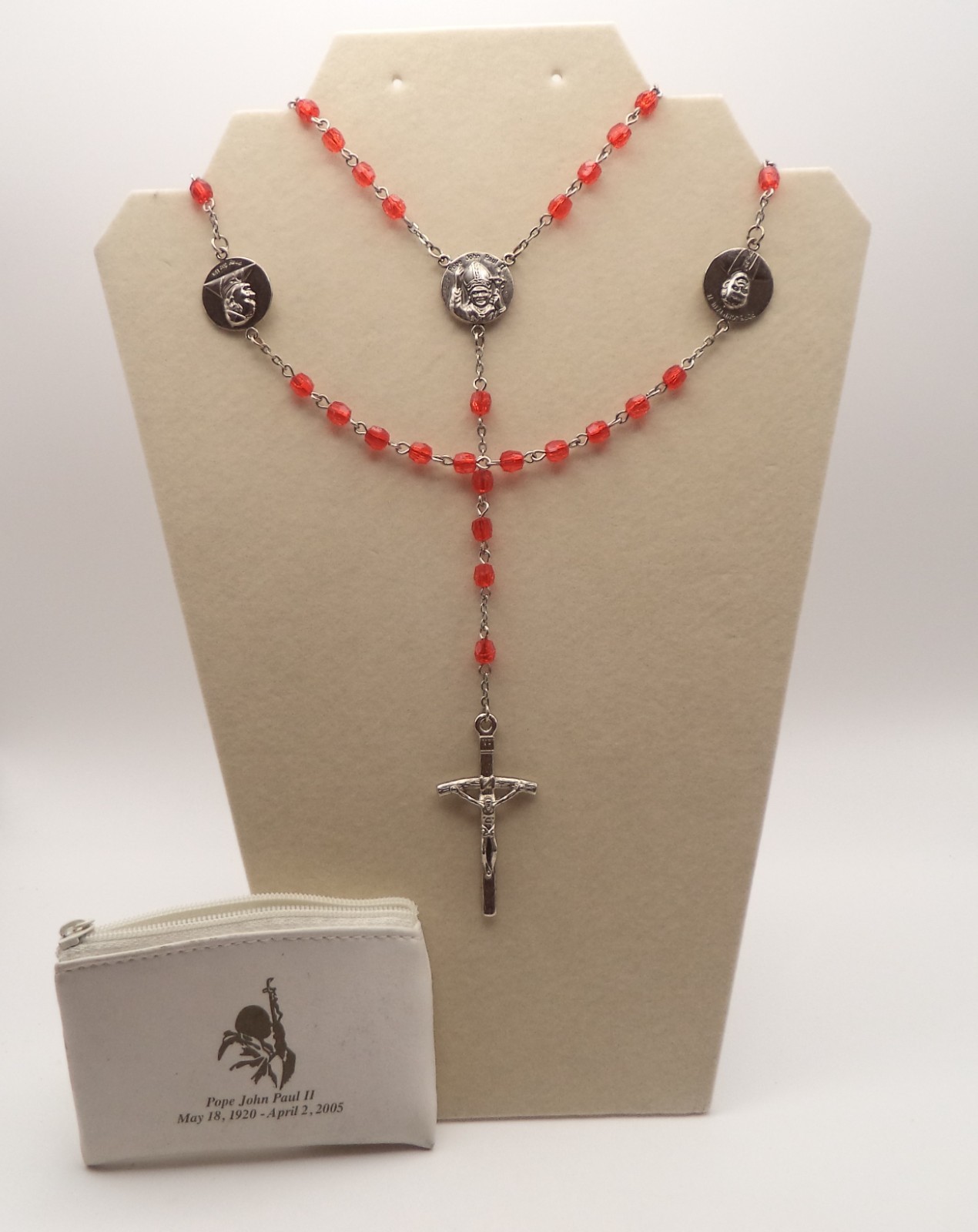 Pope John Paul II Commemorative Rosary Red Faceted Beads 5 Mysteries Medals 22”