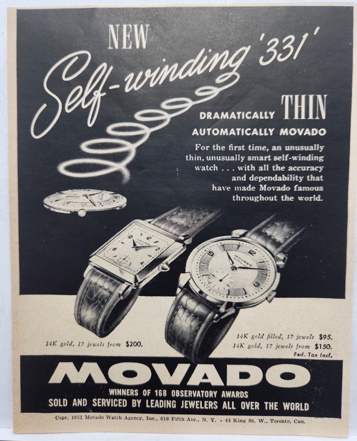 1951 Movado Watch Self Winding 331 MCM Original Print Ad 50\'s