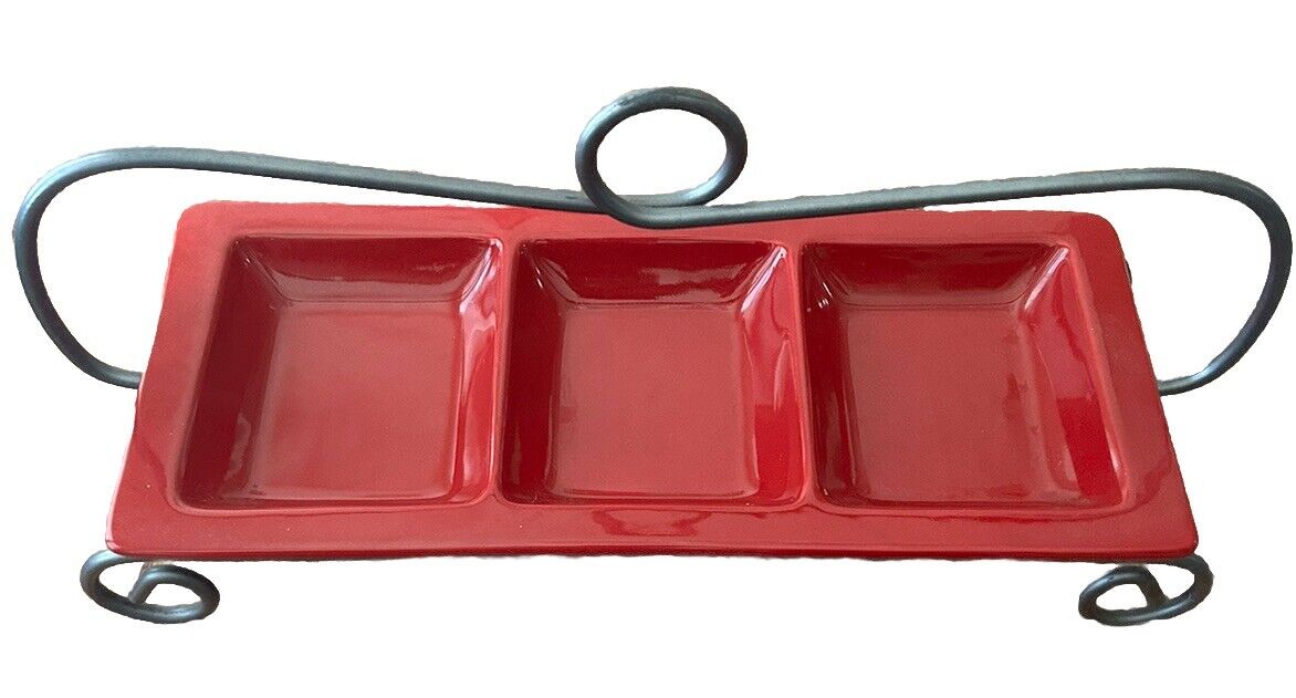 3 Compartment Red Stoneware Serving Dish With Metal Stand