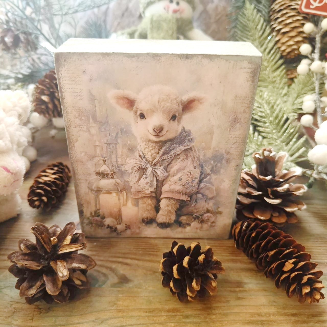 Small Wooden Double Sided Block Christmas Table Decor Lamb 4,5x4 in Small Wooden Double Sided Block Christmas Table Decor Lamb 4,5x4 in