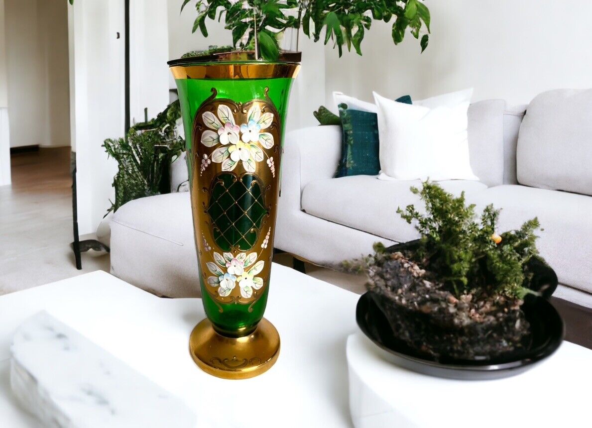 Czech Bohemian Egermann Green Vase Hand Painted 24K Gold w Enamel Flowers Vtg