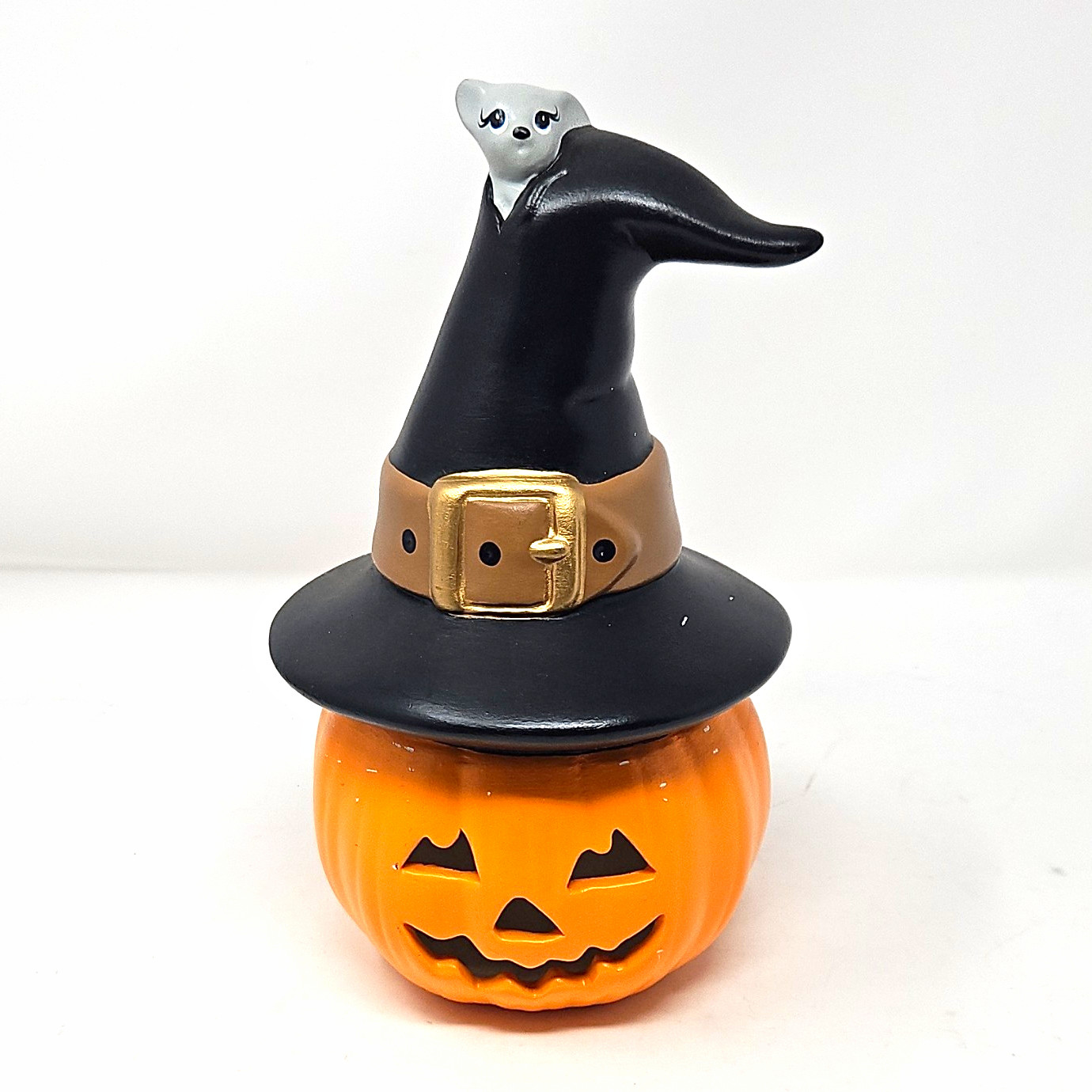 Vintage Ceramic Halloween Jack o Lantern Pumpkin Figurine Witch Hat Hand Made 9\