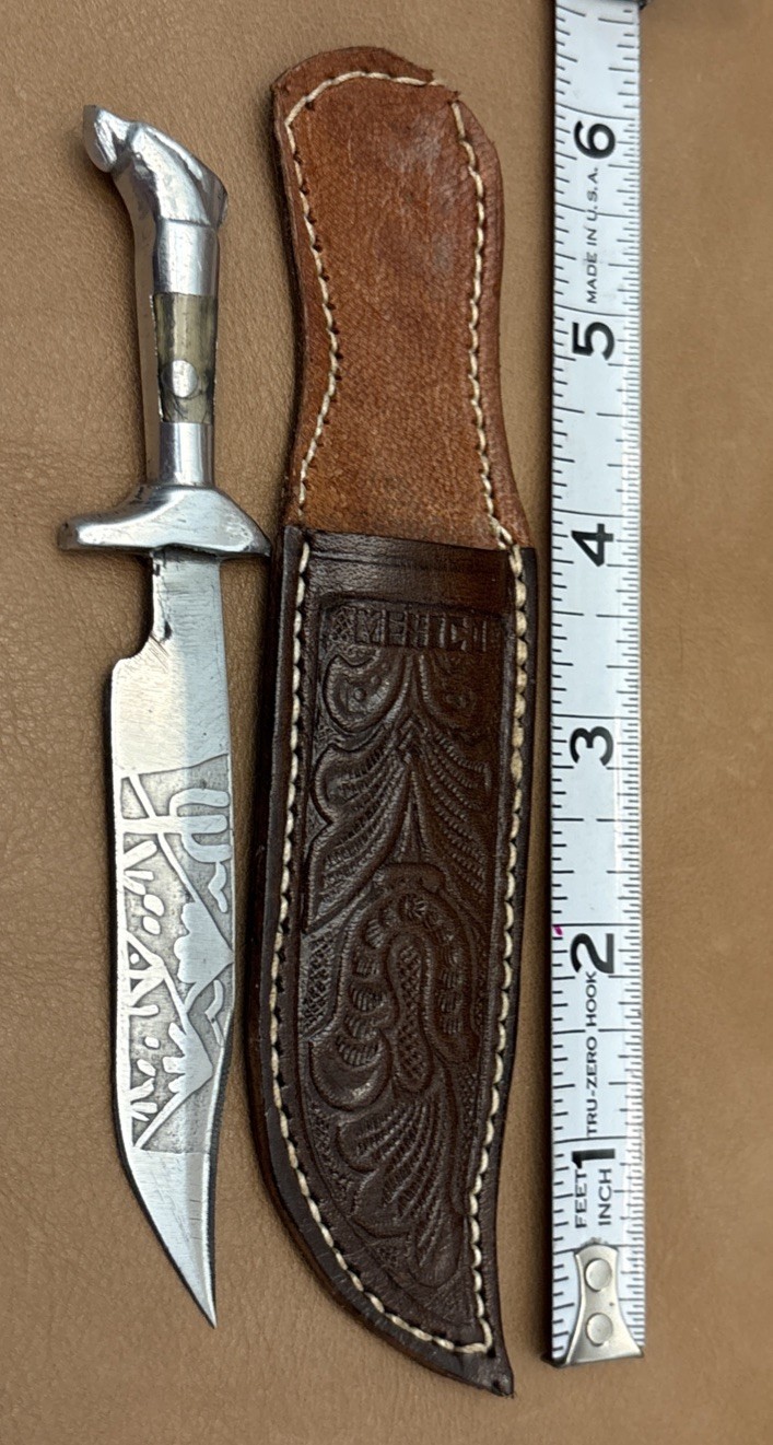 VINTAGE FIGURAL MEXICAN CAST EAGLE HEAD CLIP POINT BOWIE KNIFE&SHEATH SET MEXICO