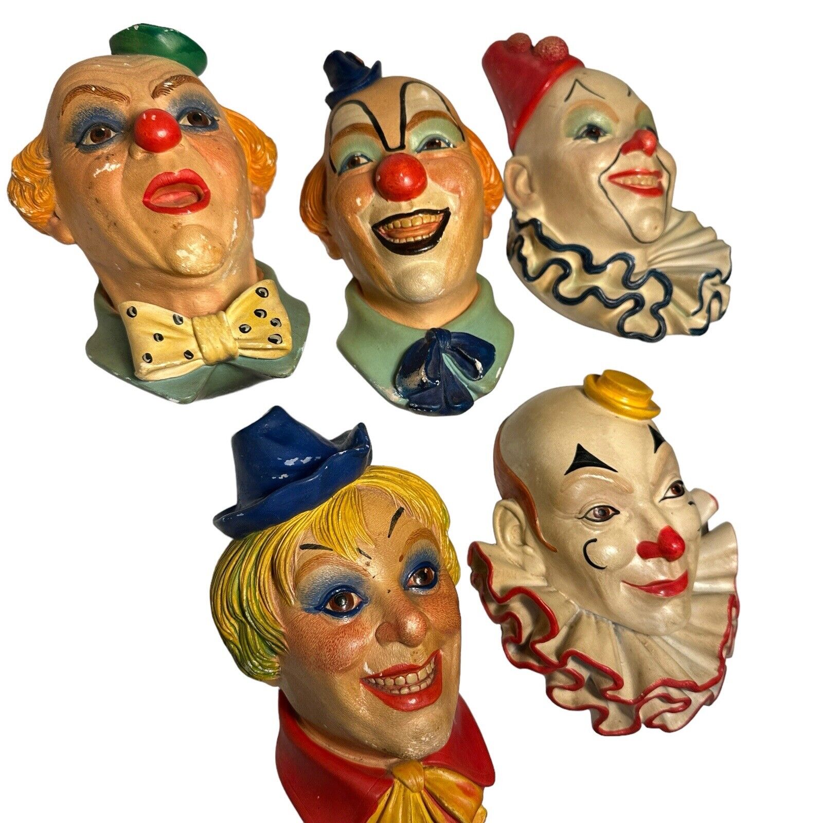 5 Legend Products Chalkware Clown Heads - England VTG 1983-85 - No 1,2,3,5 & 6