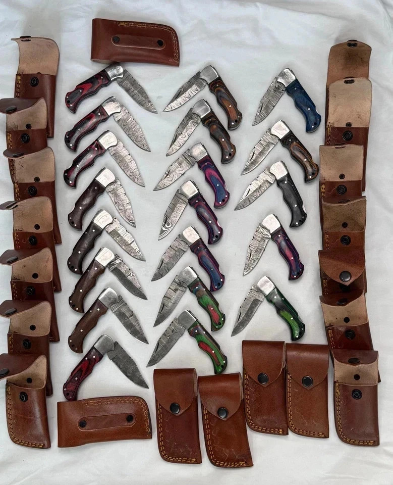 LOT of 20pcs Damascus Steel Folding knife, Pocket Knives With Leather Sheath US