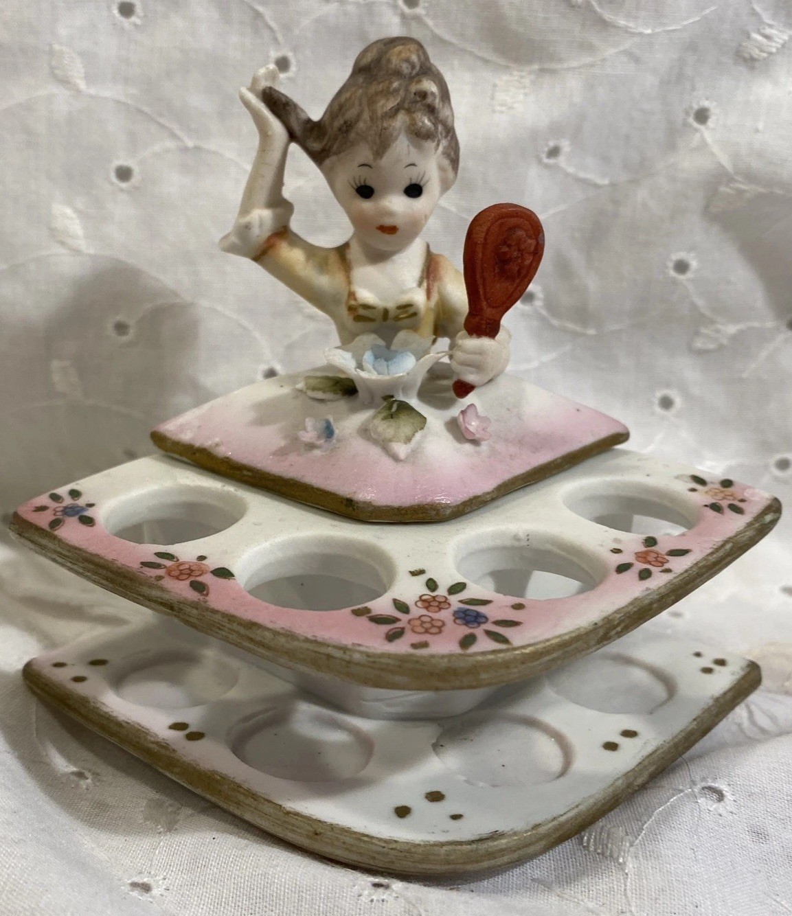 Vintage 60s Arnart Creations Bisque Girl Trinket Lipstick Holder Pink Japan EUC Vintage 60s Arnart Creations Bisque Girl Trinket Lipstick Holder Pink Japan EUC
