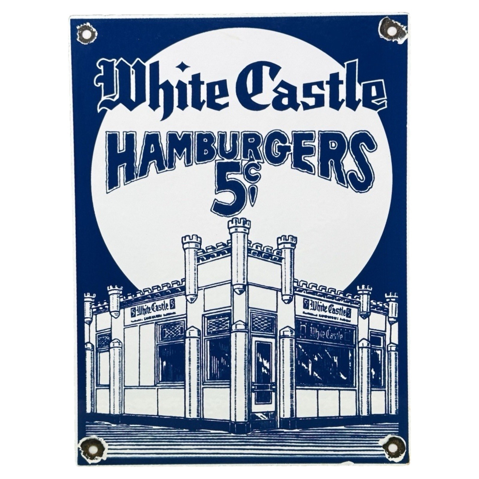 VINTAGE WHITE CASTLE HAMBURGERS 5 CENT PORCELAIN SIGN DINER RESTAURANT KITCHEN