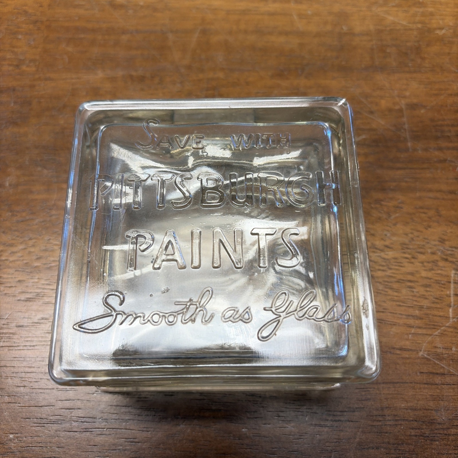 Vintage PITTSBURGH PAINTS Glass Block Smooth As Glass Bank 3.25”x3.25”x1.75”