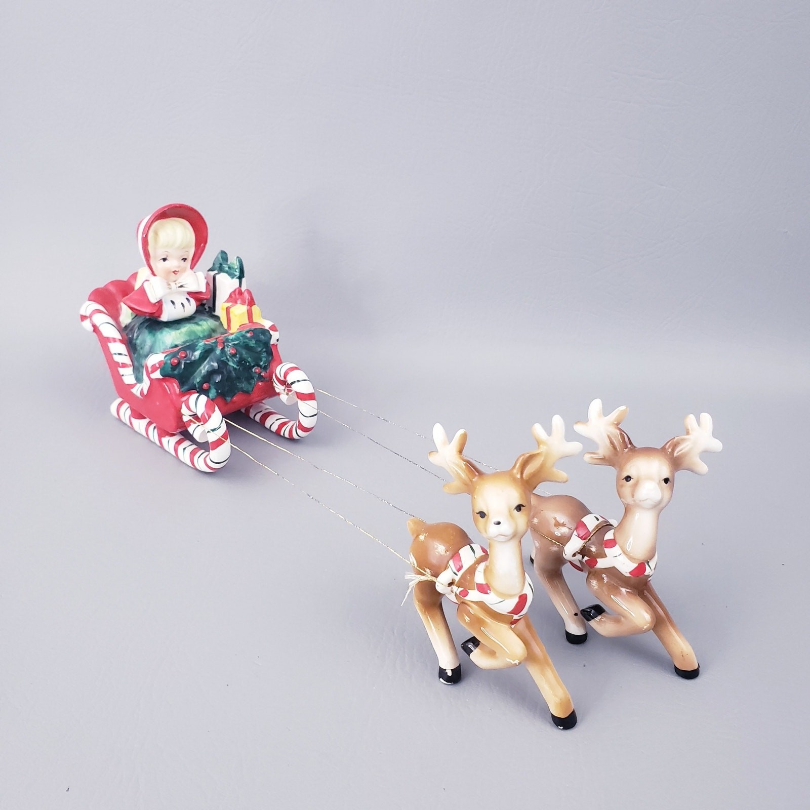 Vintage Lefton Christmas Girl in Sleigh with Two Reindeer 1956