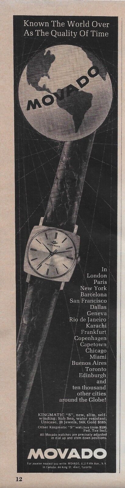 1962 Movado Kingmatic S Sub  Sea Self Winding Watch Globe Vintage Print Ad