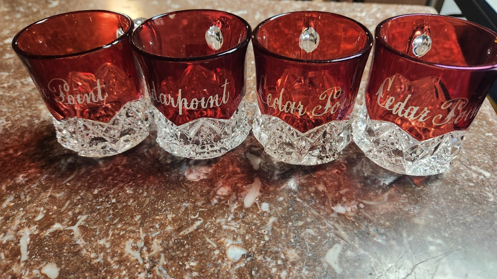 Antique Ruby Red Flash Glass Cedar Point Souvenir Mugs Set Of 4