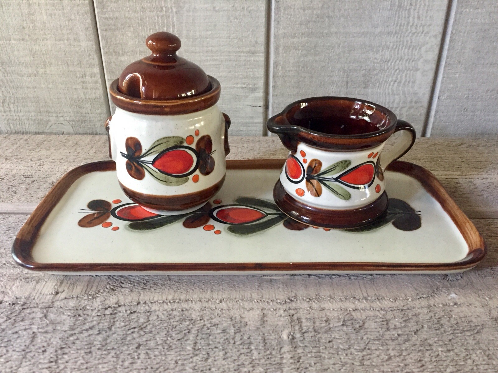 Vintage Schramberg Cream Sugar & Tray Folk Art Pottery Bernau Germany Set/3 Vintage Schramberg Cream Sugar & Tray Folk Art Pottery Bernau Germany Set/3