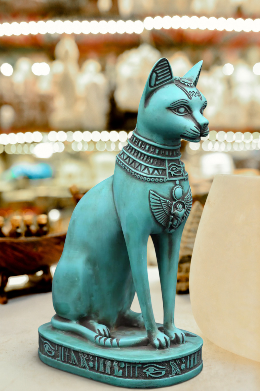 Large Green Egyptian Bastet Cat Statue with scarab Heavy Made in Egypt