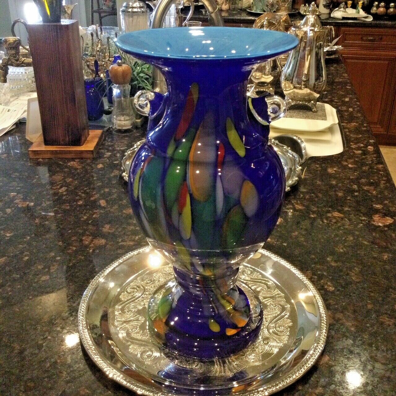 Elegant VTG (c.1970\'s) Kronos of Poland Handblown Tall Multicolor Art Deco Vase 