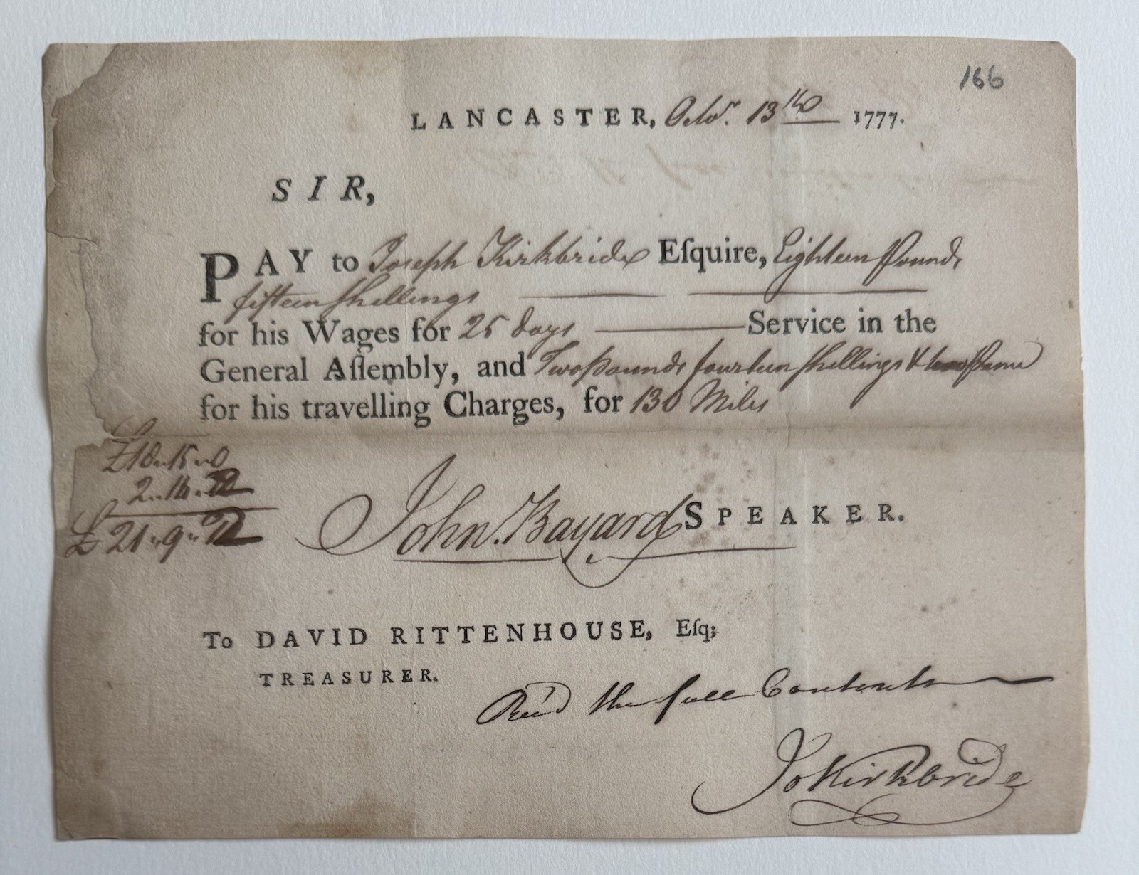 1777 Revolutionary War PA Assembly Pay Order Bayard Signed Rittenhouse LANCASTER