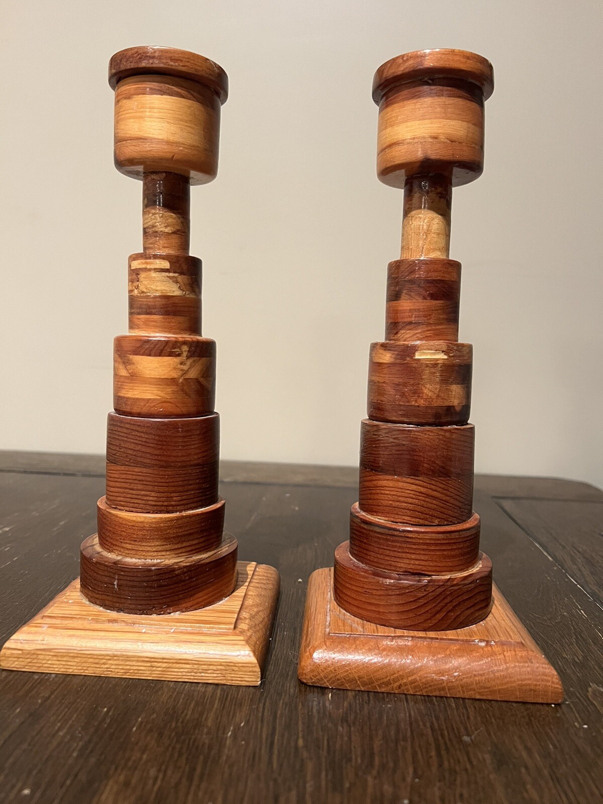 Two 10” Hand Carved Wooden Candlestick Holders