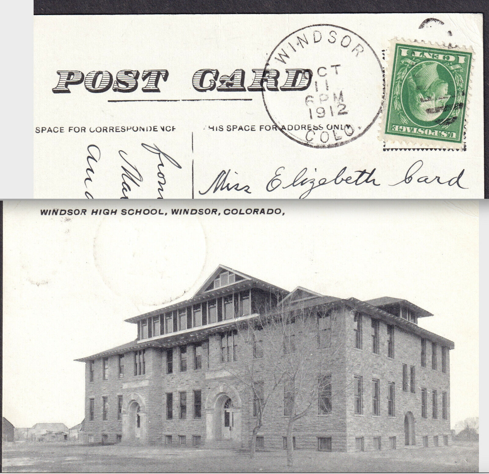 Windsor Colorado 1912 Cancel Park School Town Hall RARE Early View PostCard Card
