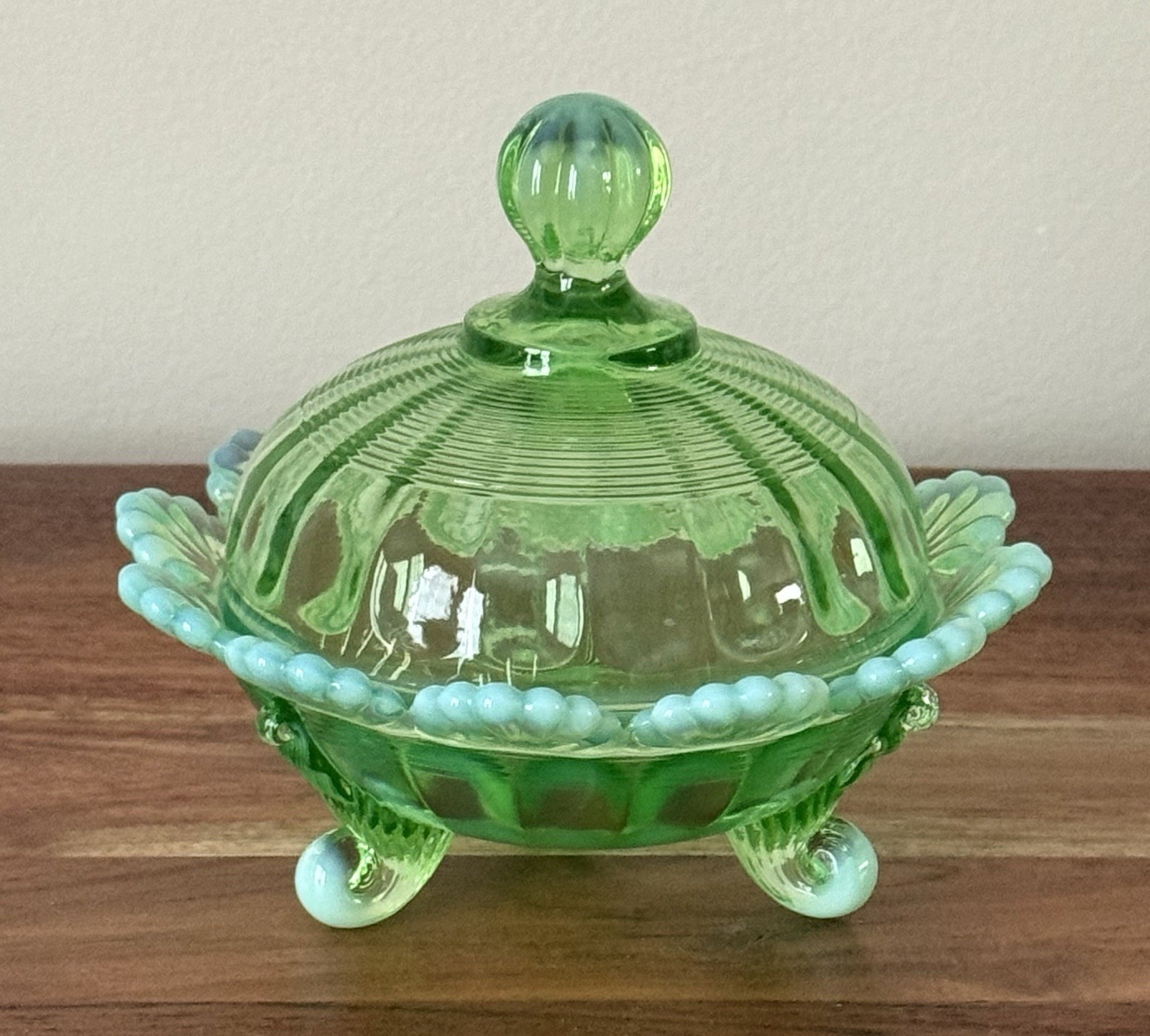 Mosser Glass - COVERED FOOTED CANDY DISH - GREEN OPAL - 5
