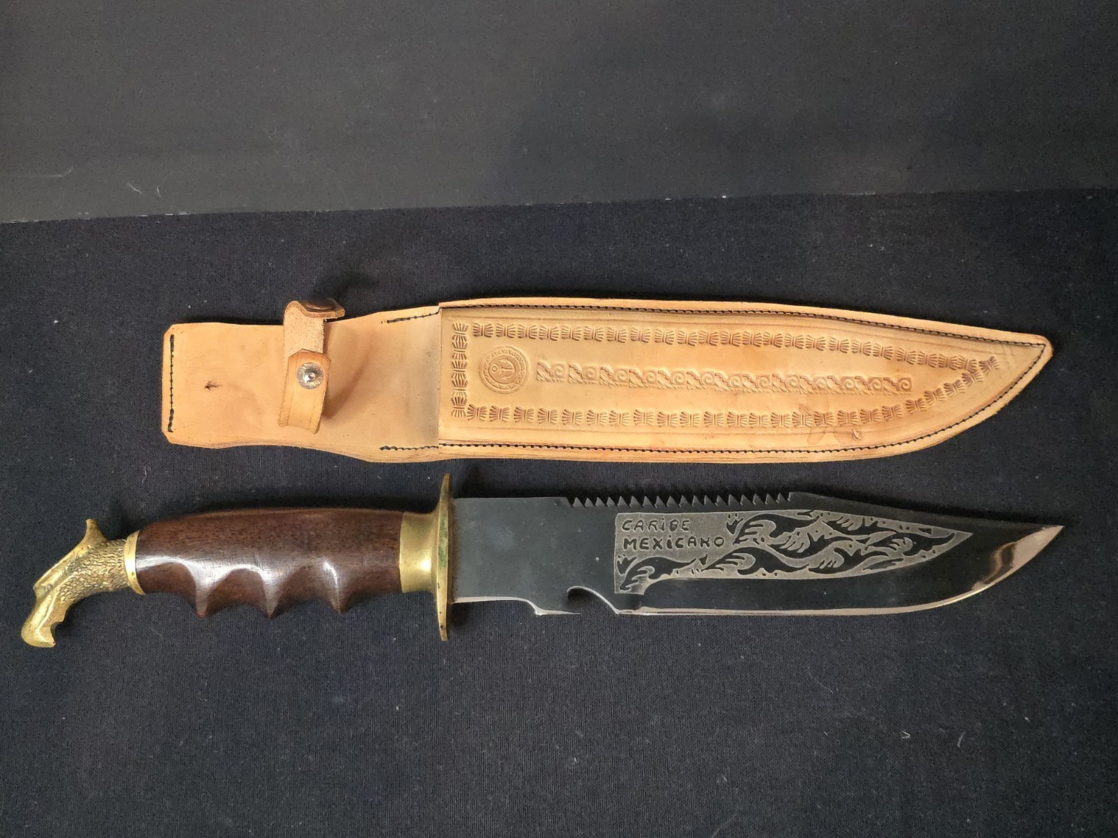 Vintage Caribe Mexicano Eagle Head Hunting Bowie Knife w/ Leather Sheath Mexico