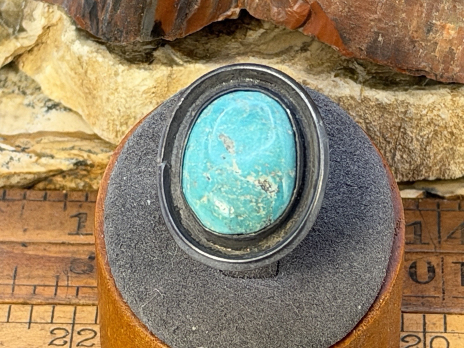 Vintage Native Navajo Sterling Silver Turquoise Shadowbox Ring sz 7--2409.26