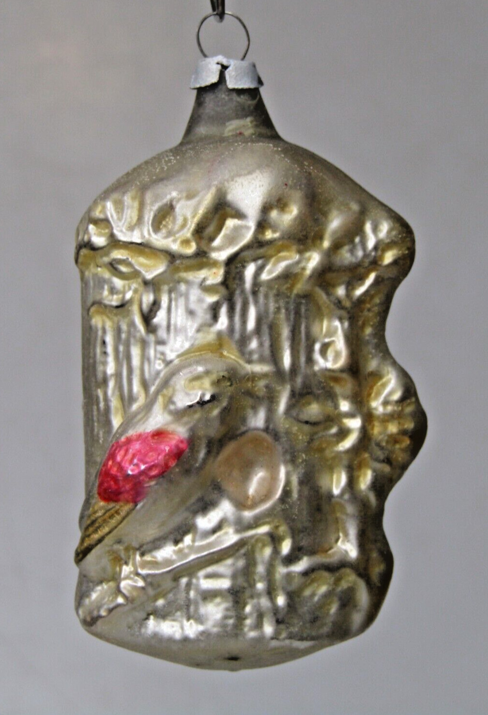 Antique Vintage Glass Woodpecker Bird On Tree Stump Christmas Ornament Germany