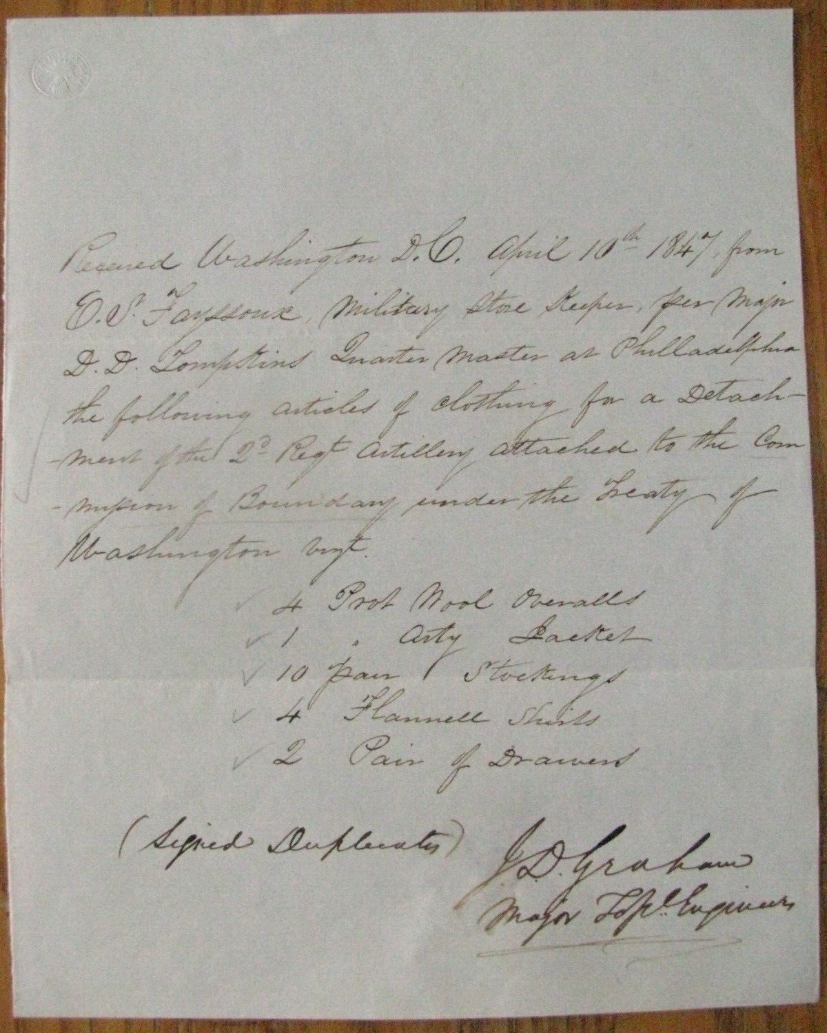 US-CANADA BOUNDARY COMMISSION SURVEY RECEIPT COLONEL JAMES D GRAHAM 1847 US-CANADA BOUNDARY COMMISSION SURVEY RECEIPT COLONEL JAMES D GRAHAM 1847