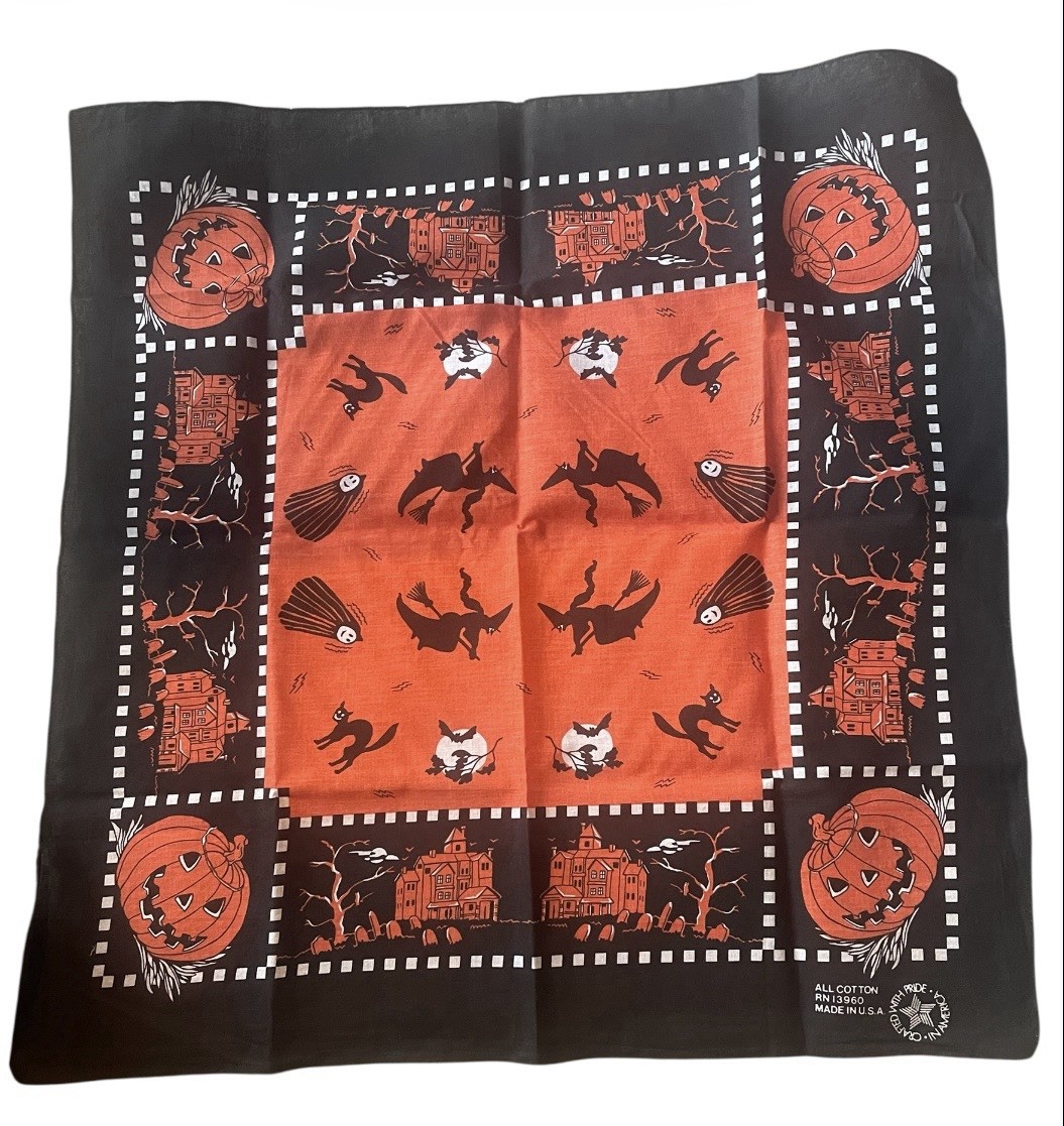 2 Vintage Halloween Witch Bandana Scarf USA All Cotton RN13960 Orange Black X2 2 Vintage Halloween Witch Bandana Scarf USA All Cotton RN13960 Orange Black X2