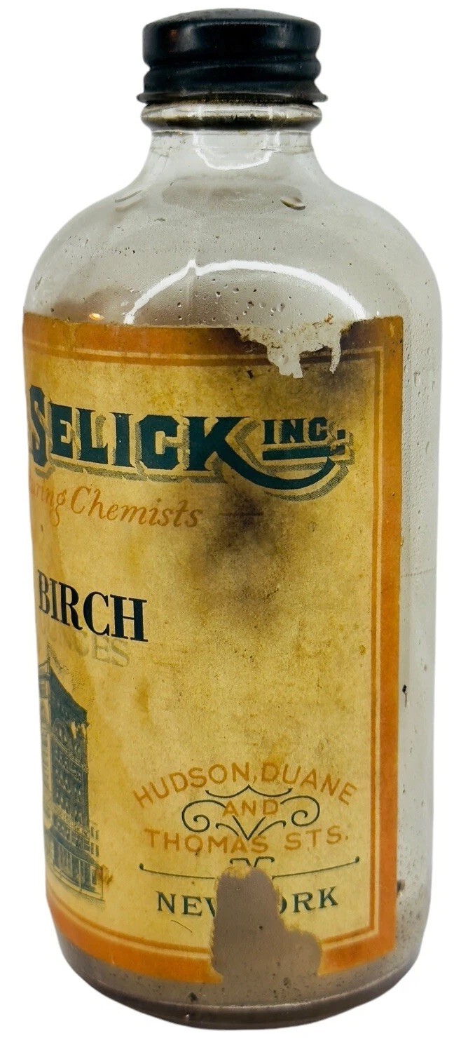 Antique Wood Selick New York Essential Extract Birch Oil Amber Glass Label Lid