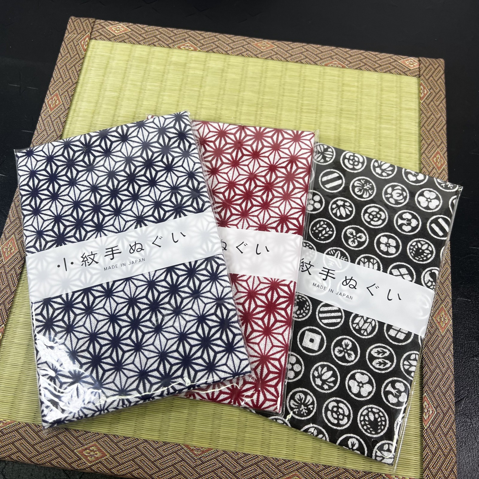 Traditional Japanese Tenugui 3pcs Set Asanoha Geometric Kamon Cotton Japan
