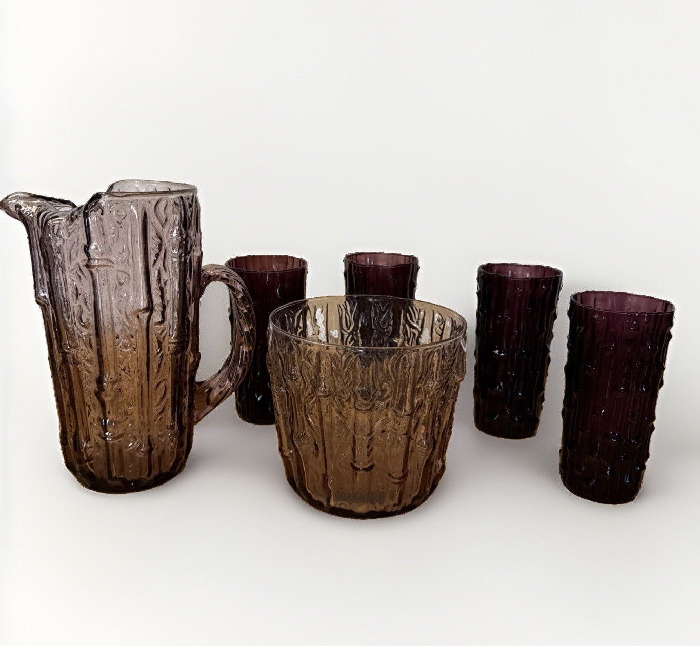 VTG MCM Amethyst Bamboo Water Set Pitcher, Ice Bucket, Highball Glasses VTG MCM Amethyst Bamboo Water Set Pitcher, Ice Bucket, Highball Glasses