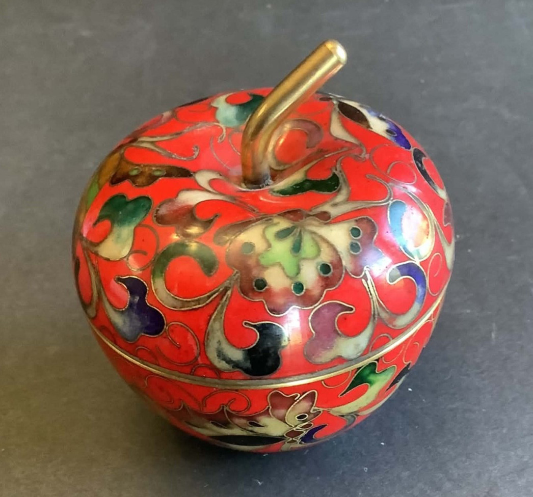 Vintage Chinese Cloisonne\' Enamel Apple Shaped Trinket Box Maybe a Teacher Gift?